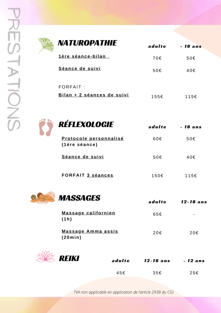 prestations et prix , massage, naturopathie, reiki