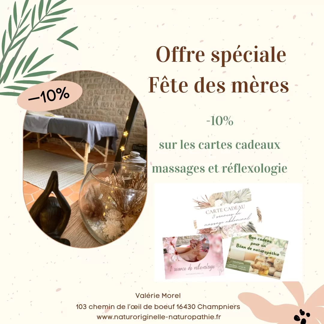 cadeau fête des mères -10% sur les massages et réflexologie plantaire à NaturOriginelle Angoulême